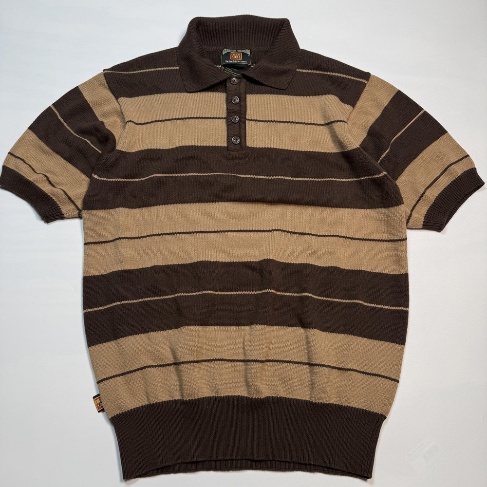 FB County Mens Sweater M Brown Striped Knit Collared Short Sleeve Charlie Browns